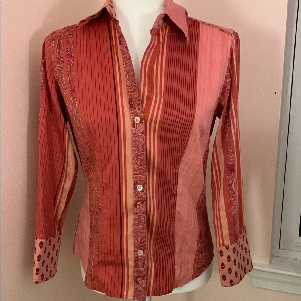 Ann Taylor Women's Striped Button-Down Shirt - Red and Pink - Size 2